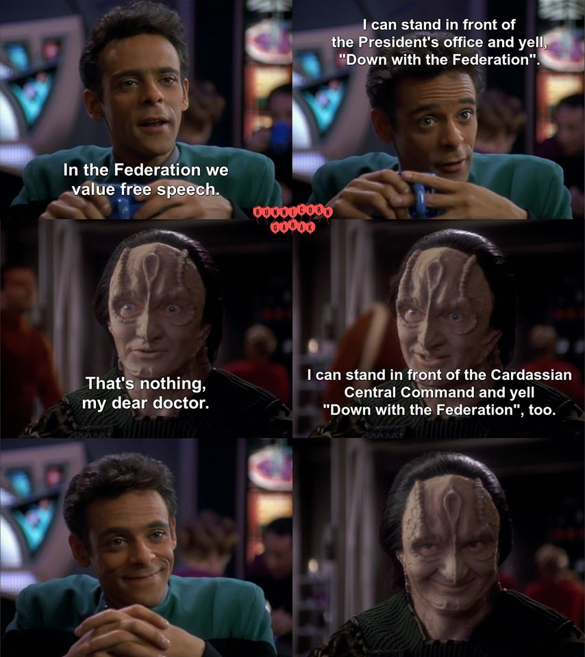 This meme is a humorous exchange between two characters from the TV show Star Trek: Deep Space Nine. The top image shows the character Quark saying "In the Federation we value free speech" in response to a request to be quiet, while the bottom image shows the character Odo saying "In the Federation we value free speech" in response to a request to be quiet, with a deadpan expression.