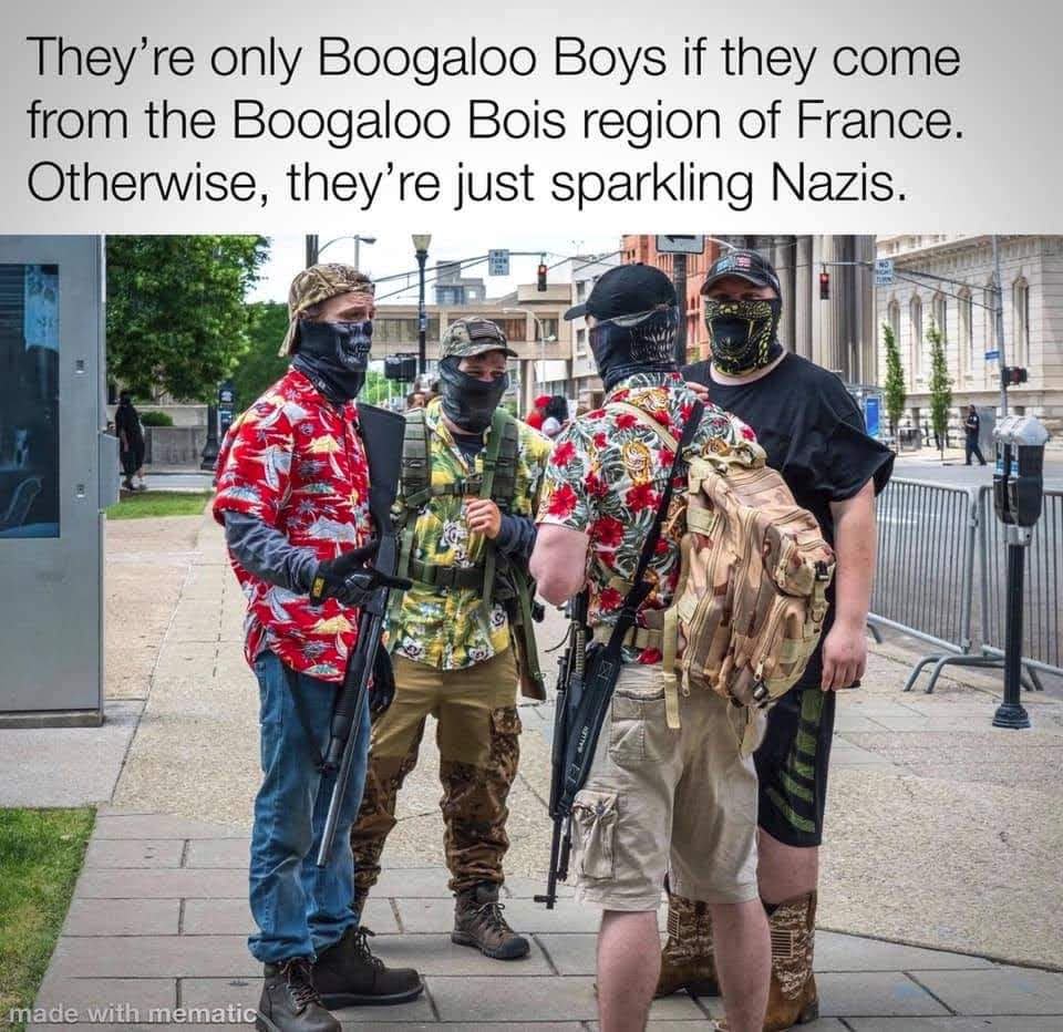 The meme features an image of four men, all wearing similar outfits, including Hawaiian shirts, camouflage, and facial masks. The text above the image reads: "They're only Boogaloo Boys if they come from the Boogaloo Bois region of France. Otherwise, they're just Sparkling Nazis." The image is meant to be humorous, as it satirically compares a group of men who are known for their extreme right-wing views to a specific region of France, while also using a term that is meant to be humorous and ironic. The text is meant to be humorous and satirically compares the group to a specific region of France, while also using a term that is meant to be humorous and ironic.
