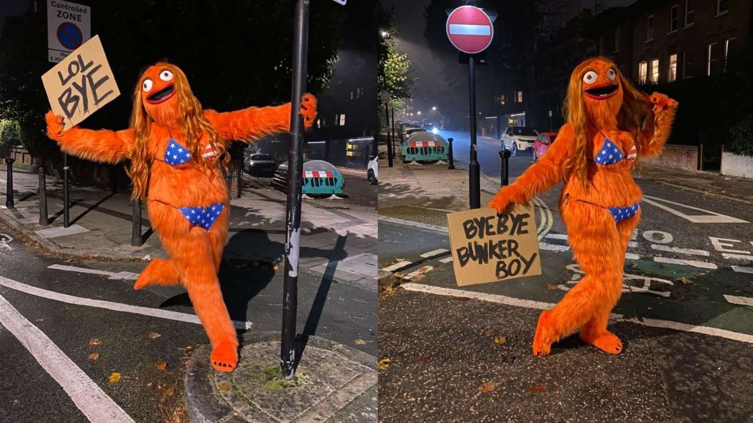 The meme features a person dressed in a Gypsy – a Muppet character from The Muppets – costume, holding two signs. The left sign reads "Lol Bye" and the right sign reads "Bye Bye Bunker Boy". The image is meant to be humorous, as it appears to be a person in a Gypsy – a Muppet character from The Muppets – costume, using a popular meme format to express a negative sentiment towards former President Donald Trump.