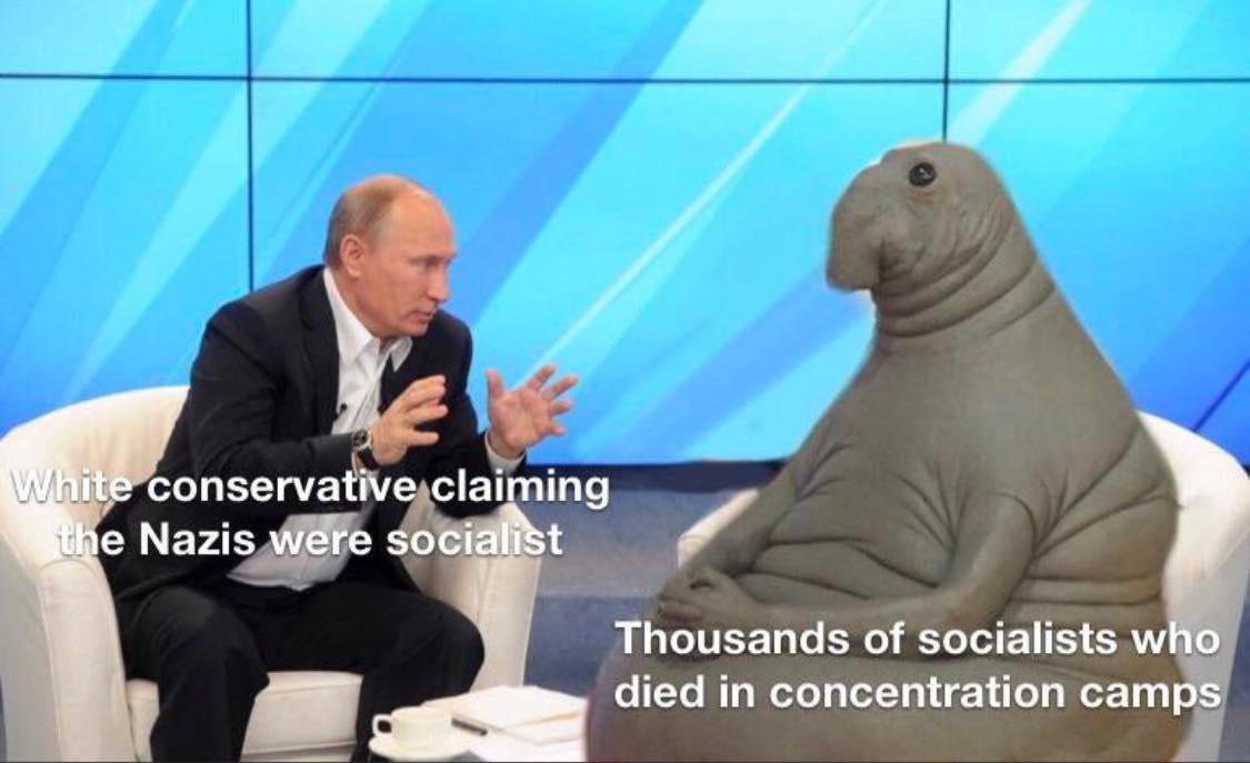 The meme features a photograph of two men sitting in chairs, with one man gesturing and speaking. The man on the left is labeled as a "White conservative claiming the Nazis were socialist," while the man on the right is labeled as "Thousands of socialists who died in concentration camps." The image is meant to be humorous and satirical, suggesting that the man on the right is a metaphor for the many socialists who were killed by the Nazis. The meme is meant to be thought-provoking and to challenge the idea that the Nazis were socialists.