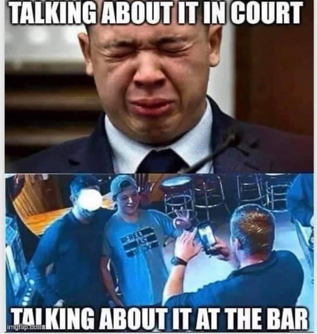 This meme is a play on the phrase "talking about it in court" versus "talking about it at the bar." The top image shows a person looking somber and serious, with the text "TALKING ABOUT IT IN COURT." The bottom image shows a person laughing and taking a photo with friends, with the text "TALKING ABOUT IT AT THE BAR." The meme suggests that someone's story or experience can be told in a serious, formal setting (in court) or in a more casual, social setting (at the bar), and that the latter might be more fun or [ … ].