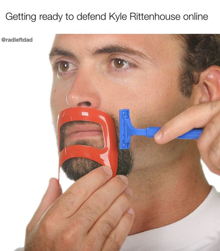 The meme is a humorous image of a man preparing to defend Kyle Rittenhouse online, using a face mask with a photo of Rittenhouse's face and a razor to "defend" him. The text above the image reads, "Getting ready to defend Kyle Rittenhouse online." The meme is a satirical commentary on the online debates and defenses of Rittenhouse, who was a 17-year-old who was involved in a 2020 shooting in Wisconsin. The image is meant to be humorous and ironic, as it is unlikely that someone would actually use a face mask with a photo of Rittenhouse's face to defend him.