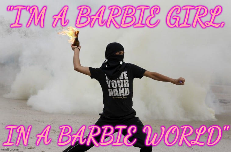 The meme features a photo of a person in a black outfit, wearing a mask and holding a lit Molotov cocktail in one hand and a Molotov in the other. The person is surrounded by a cloud of smoke, and the image is meant to be humorous and ironic. The text "I'M A BARBIE GIRL, IN A BARBIE WORLD" is written in a pink, cursive font at the top of the image, while the text "I'M A TERRORIST GIRL, IN A TERRORIST WORLD" is written in a similar font at the bottom.