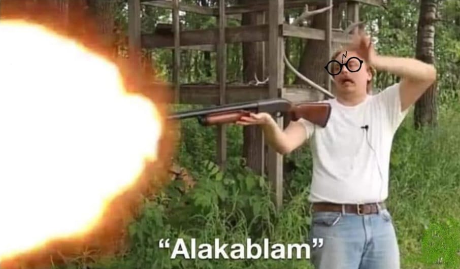 The meme features two images. The first image shows a person holding a shotgun and aiming it at something off-screen, with a bright flash of light and a loud "BANG!" sound effect. The second image shows the same person, now wearing Harry Potter-style glasses and a "WIZZ" sign above his head, with the text "Alakabam" (a made-up word) and "WIZZ" (a sound effect) written above and below him. The meme is humorous and playful, using a familiar image and adding a new, fantastical element to create a comical and unexpected situation.