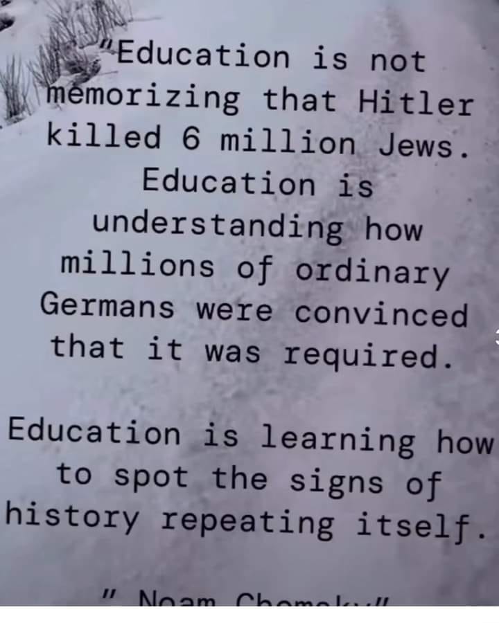The meme is a satirical commentary on the lack of education in today's society. It presents a quote from Noam Chomel... (the text is cut off) and then states that education is not memorizing that Hitler killed 6 million Jews. The text then continues with a quote that is also cut off. The text appears to be a satirical commentary on the lack of education in today's society.