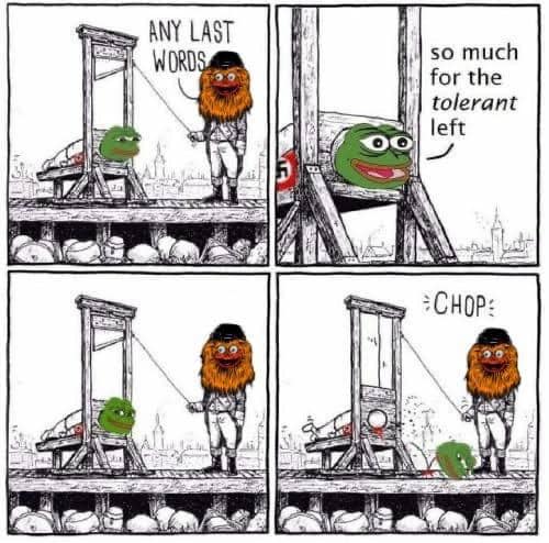 The meme is a four-panel comic strip featuring the character of PogChamp, a popular internet meme, in a guillotine scenario. The first panel shows PogChamp in the guillotine, with a sign that reads "ANY LAST WORDS?" The second panel shows PogChamp's response, "SO MUCH FOR THE TOLERANT LEFT". The third panel shows PogChamp's execution, with a sign that reads "CHOP". The fourth panel shows PogChamp's head being removed from the guillotine, with a sign that reads "SO MUCH FOR THE TOLERANT LEFT". The meme is a satirical commentary on the internet's "troll" culture and the concept of "trolling" as an internet phenomenon.