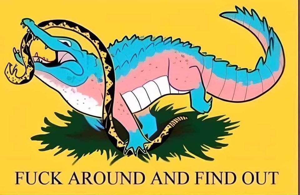 The meme features a cartoon image of a crocodile-like creature with a long, coiled body and a grinning face, which is a humorous representation of a "gator" (a type of reptile). The text "FUCK AROUND AND FIND OUT" is written below the image, implying that the creature is warning others to be careful and not mess with it. The image is likely intended to be humorous and ironic, with the text adding a sense of playfulness and warning.