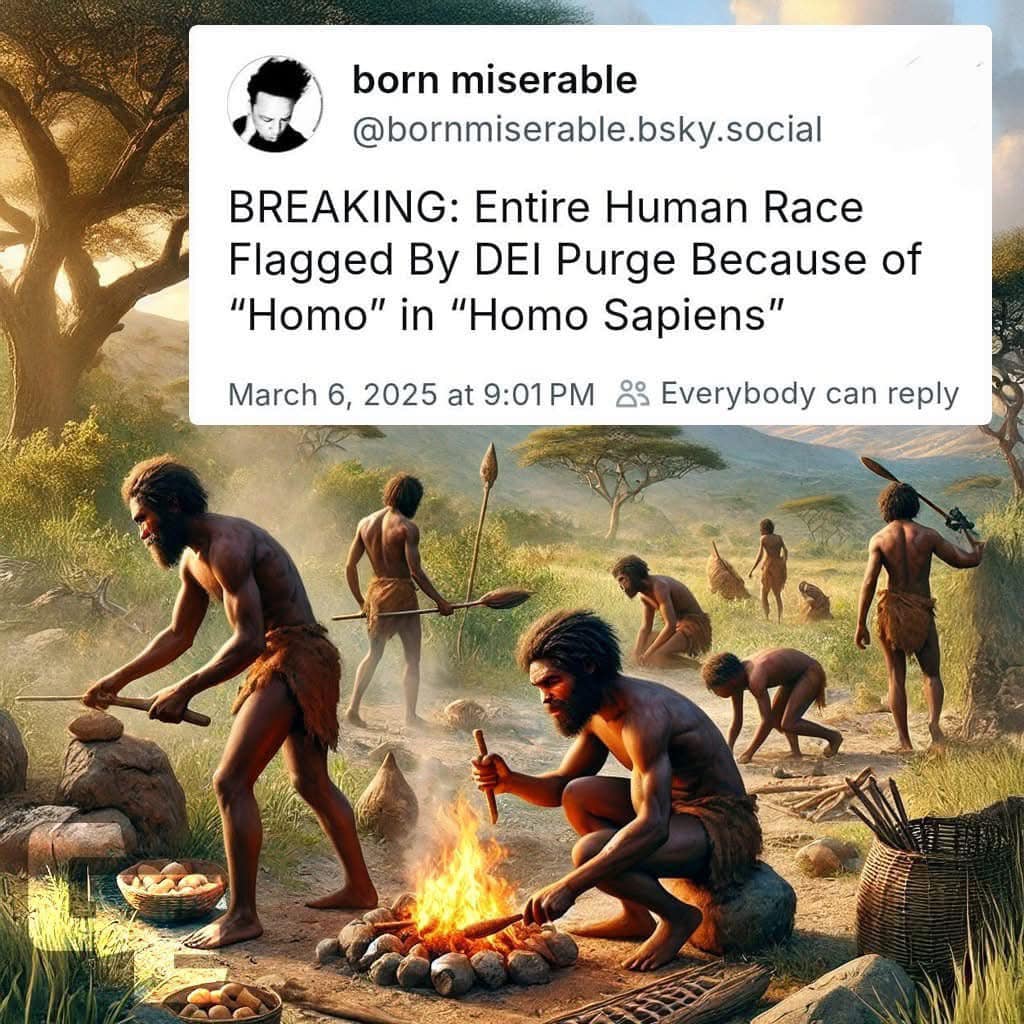 This meme is a satirical commentary on the current state of online discourse, specifically targeting the "Anti-Fascism" community. The image depicts a group of individuals from the past, likely from the Stone Age or e...