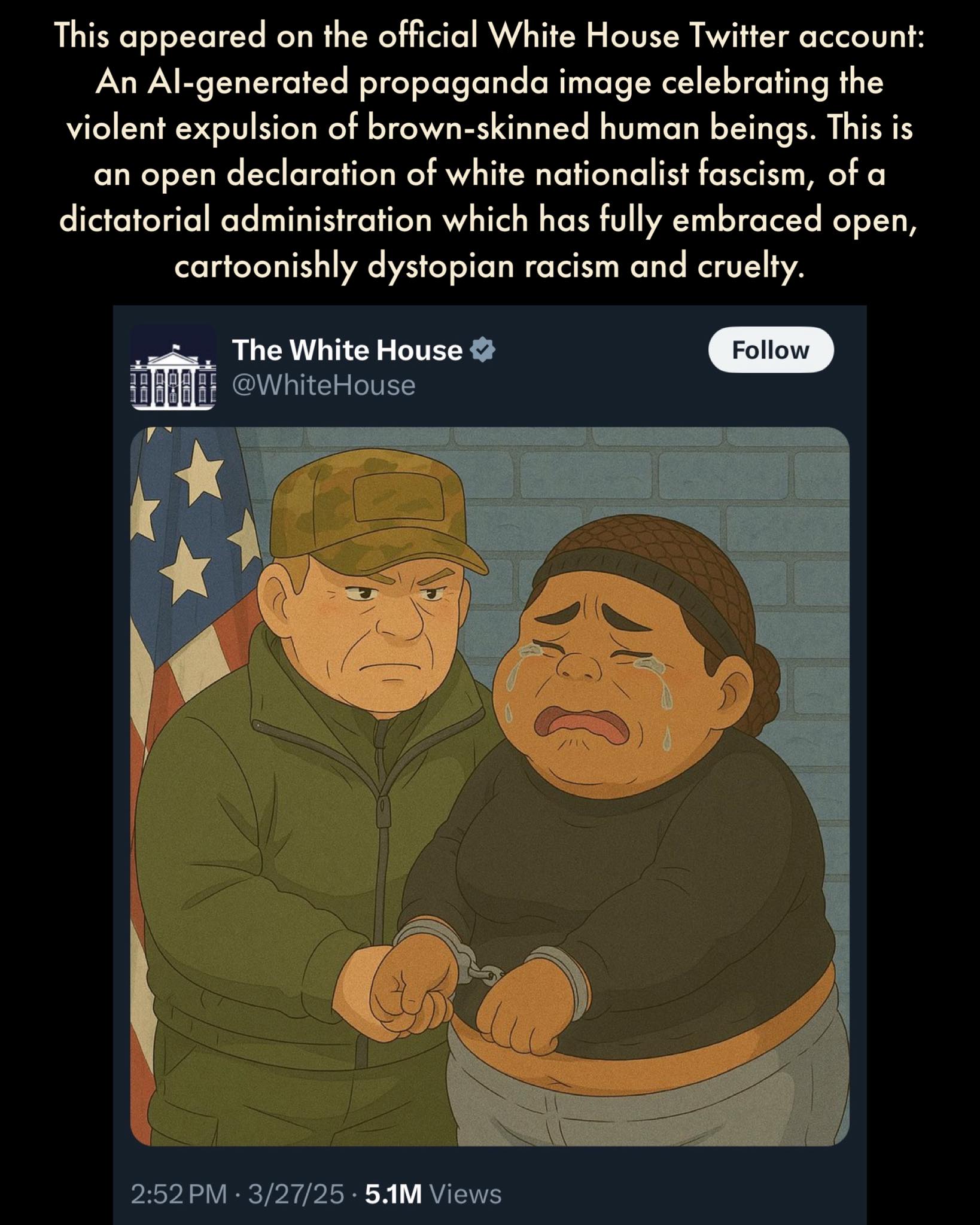 The meme is an image of a cartoon Donald Trump and a woman (likely a migrant) from the border, both with exaggeratedly large and sad faces. The text above the image reads: "This is an AI-generated image of a real-life event that has never happened before." The image is meant to be humorous and satirical, poking fun at the idea that the Trump administration's policies are so absurd that they can be made into a cartoon.