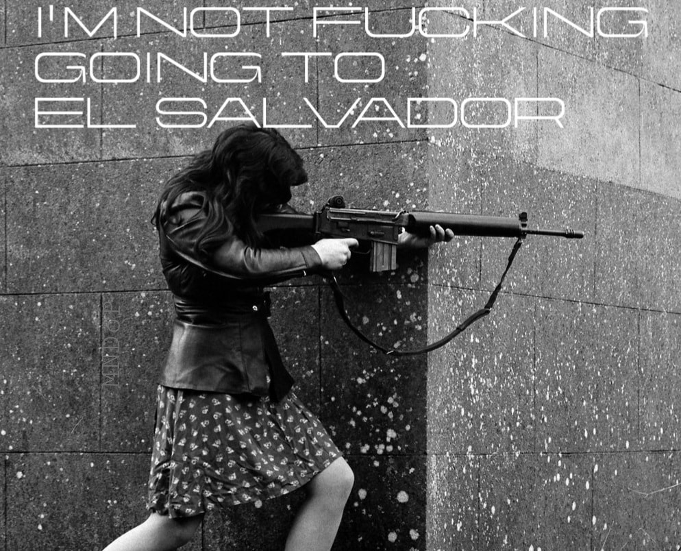 This meme is a black-and-white image of a woman holding a rifle, with a bold, white font stating "I'M NOT F***ING GOING TO EL SALVADOR". The image is a humorous, exaggerated response to being asked to travel to El Salvador, a country with a history of violence and conflict. The text is meant to convey a sense of reluctance or resistance to the idea of going to El Salvador, with a strong, emphatic tone.