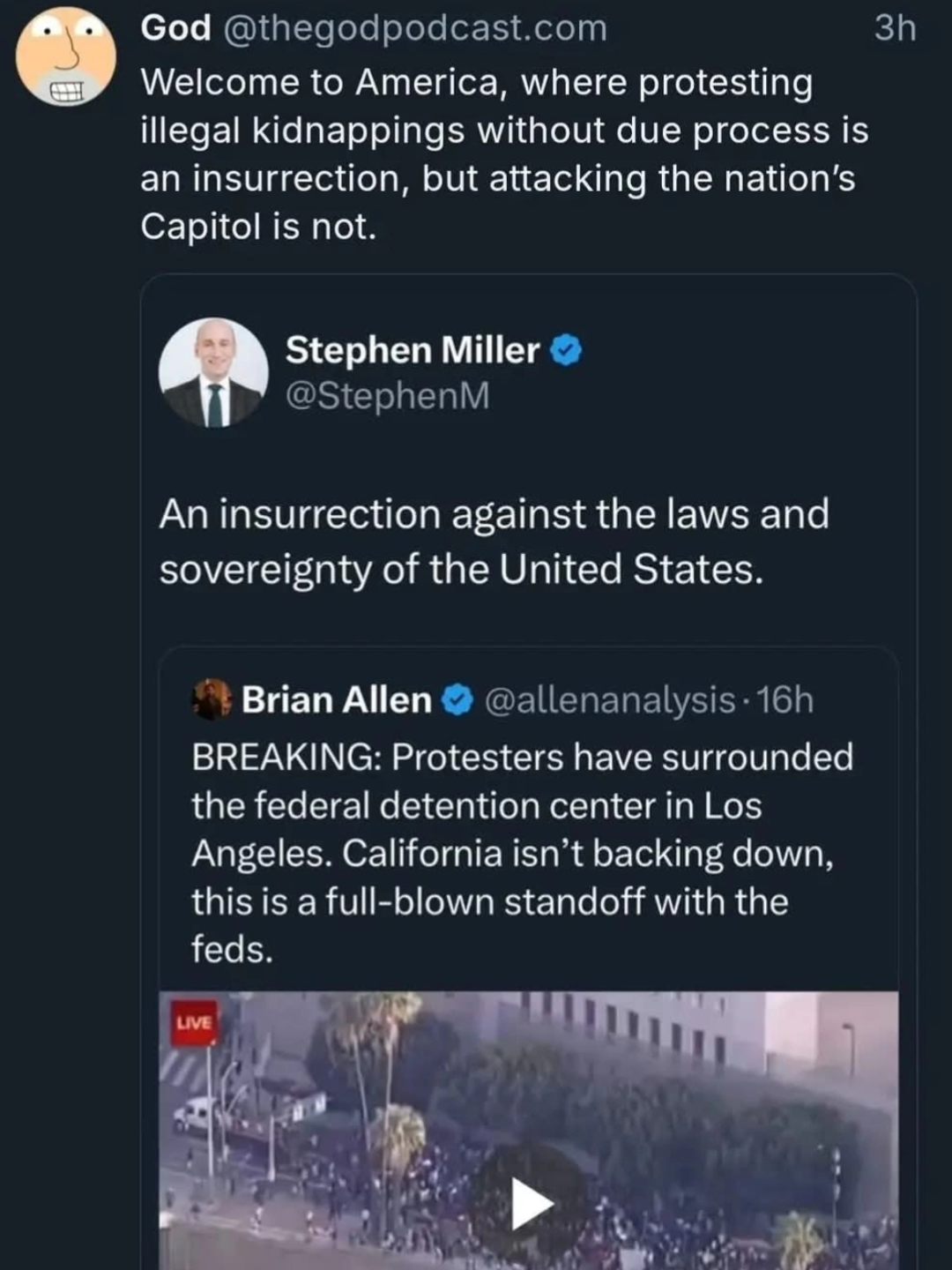 This meme satirically addresses the January 6th insurrection at the US Capitol. The text states, "Welcome to America, where protesting illegal kidnappings without due process is an insurrection, but attacking the nation's Capitol is not." It pokes fun at the idea that the insurrection was considered an insurrection, while the actual attack on the Capitol was not. The meme is meant to be humorous and critical of the double standard.