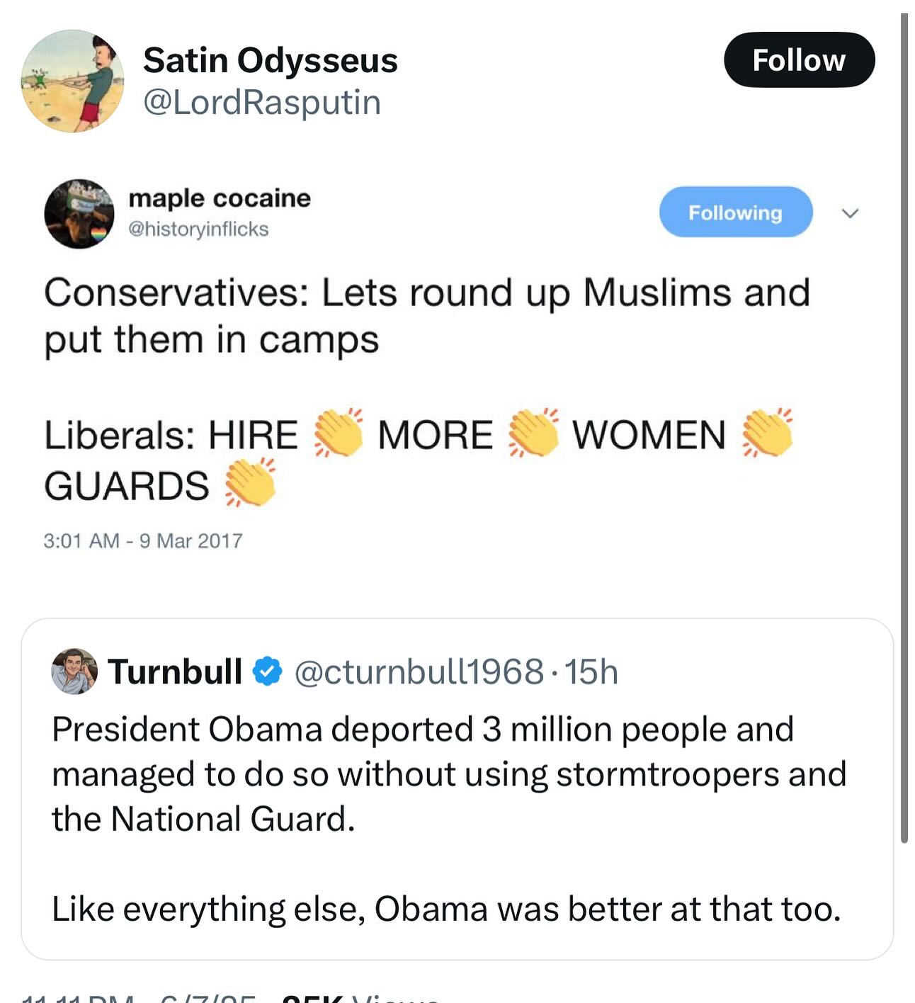 This meme is a satirical commentary on the perceived differences in how various groups or individuals would approach the issue of rounding up and relocating Muslims. The text on the image reads: "Conservatives: Lets round up Muslims and put them in camps" and "Liberals: HIRE MORE WOMEN GUARDS." The image is meant to be humorous and satirical, highlighting the different approaches to handling the issue from a conservative and liberal perspective. The use of emojis and the tone of the text are meant to be humorous and irreverent, rather than serious or political.