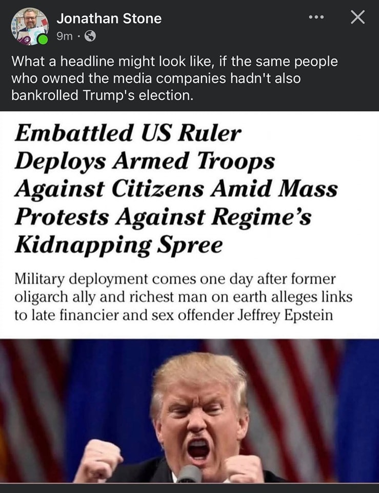 The meme features a screenshot of a news article with a headline that reads "Embattled US Ruler Deploys Armed Troops Against Citizens Amid Mass Protests Against Regime's Kidnapping Spree". The article appears to be satirical, using hyperbolic language to describe the US president's actions in response to protests. The image is accompanied by a comment that notes the similarity in language to a headline about a real-world authoritarian leader, implying that the US president's actions are similarly authoritarian. The meme is likely intended to be humorous or ironic, highlighting the perceived similarities between the US president's actions and those of a real-world authoritarian leader.