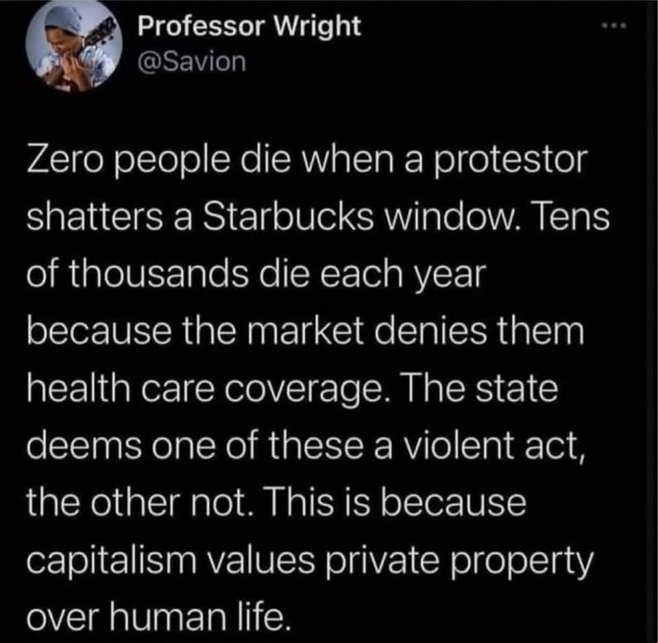 The meme is a satirical commentary on the prioritization of certain lives over others. It states that when a protestor shatters a Starbucks window, no one dies, but when 10,000 people die in a year because they are denied health insurance, it's not considered a violent act. The text also mentions that this is because capitalism values private property over human life.