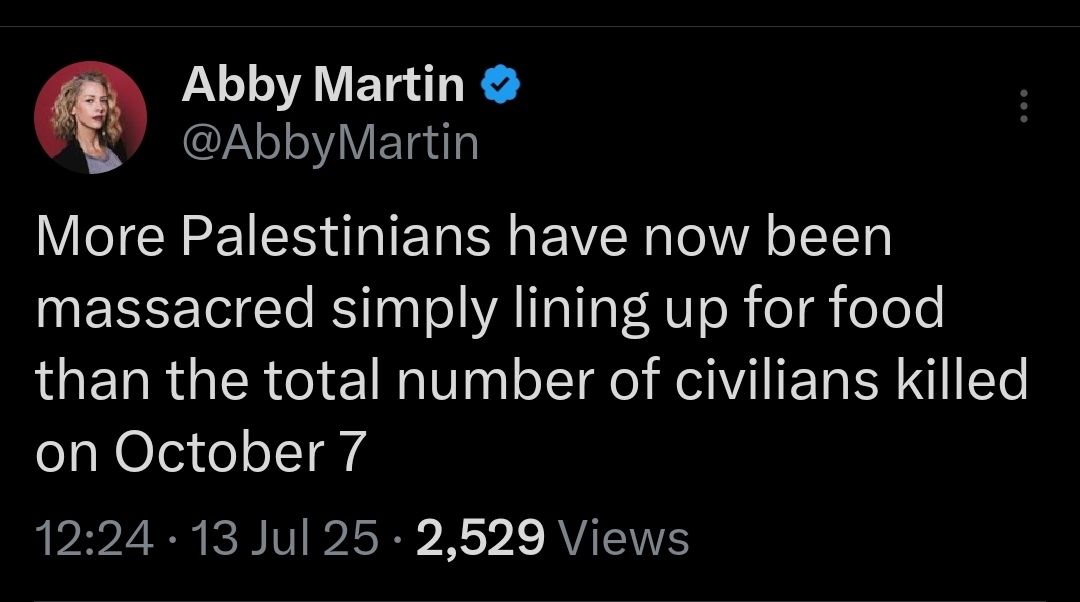 The image is a screenshot of a tweet from Abby Martin. The tweet reads, "More Palestinians have now been massacred simply lining up for food than the total number of civilians killed on October 7." The tweet is critic...