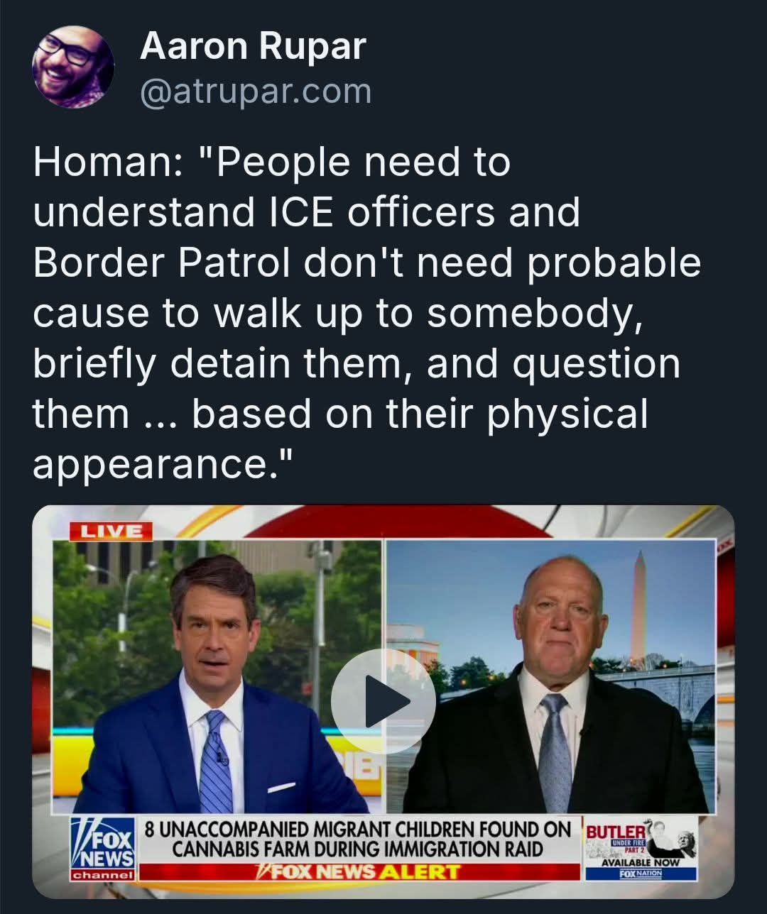 The meme is a screenshot of a Fox News broadcast with a quote from a guest, "Homan: 'People need to understand ICE officers and Border Patrol don't need to be violent, they need to be treated like citizens'." Below th...
