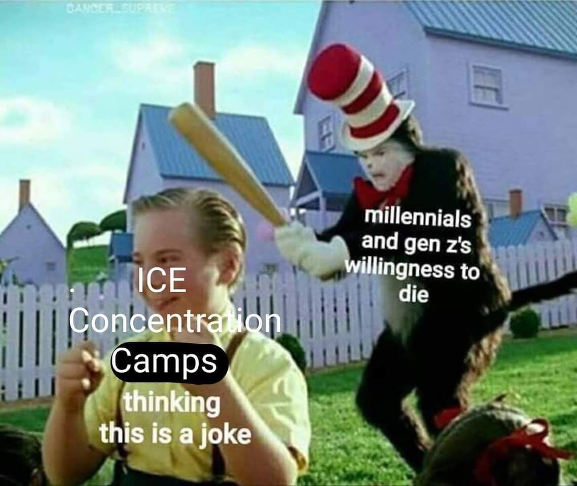 This meme features a still from the 2005 film "The Cat in the Hat" where the Cat in the Hat is seen using a bat to strike a boy. The boy is shown covering his head as he gets hit. The text superimposed on the image re...