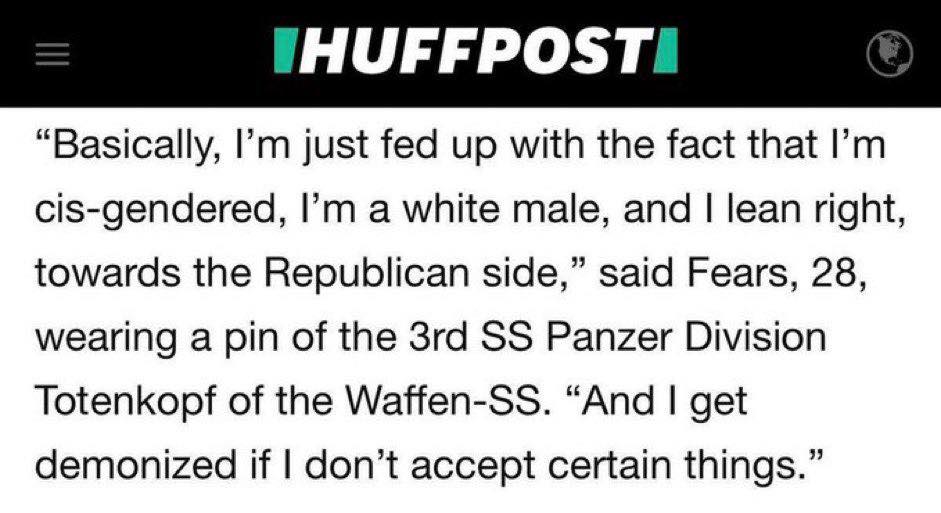 The meme is a screen capture of a news article from the website "Huffpost" with a quote from a 28-year-old man who is using his first- and last- names, Fears, to make a statement about his own identity. The statement...