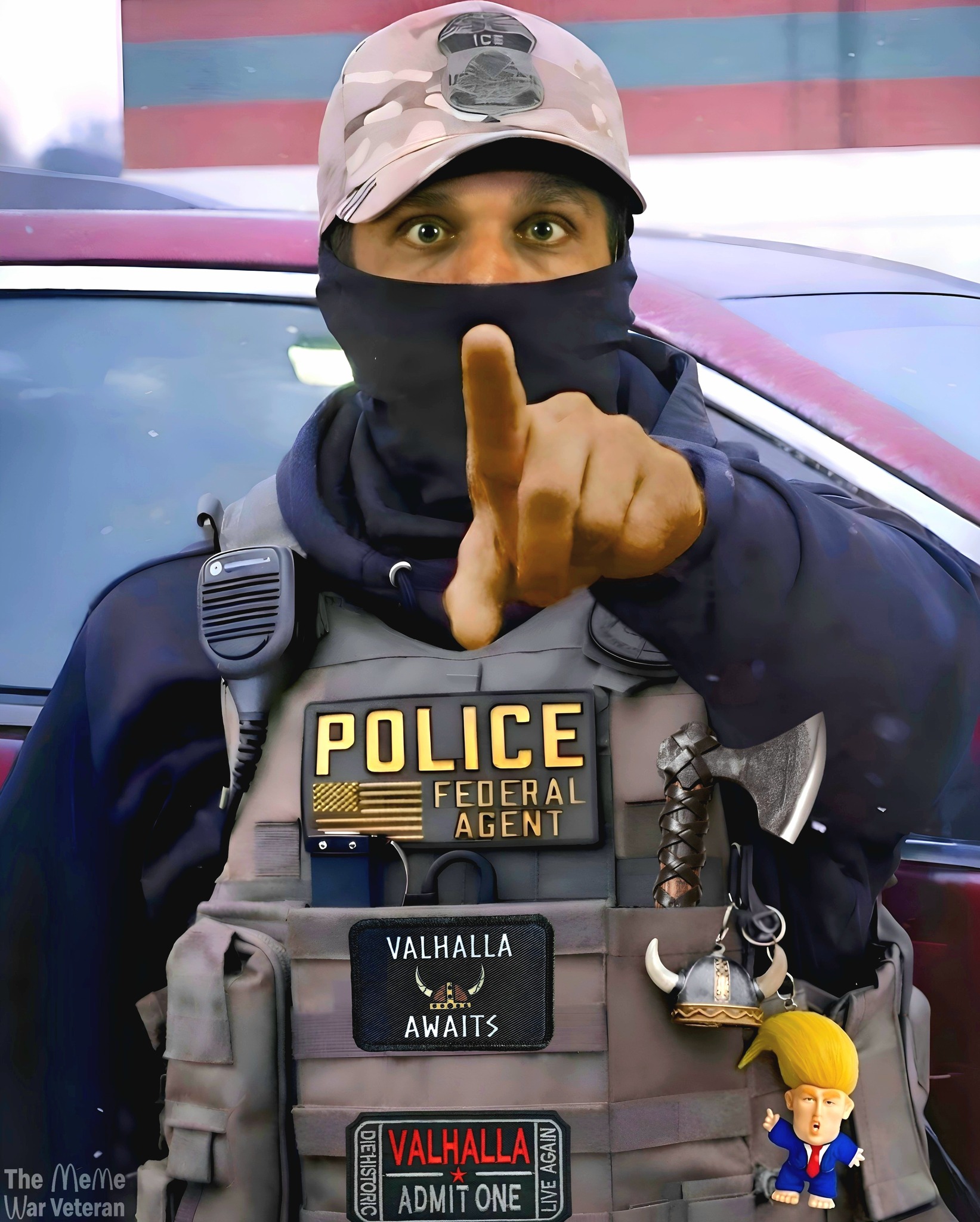 This meme is a satirical representation of a far-right, anti-fascist, and anti-Donald Trump sentiment. The image shows a "federal agent" pointing to the viewer with a stern expression, accompanied by the text "I'm wat...