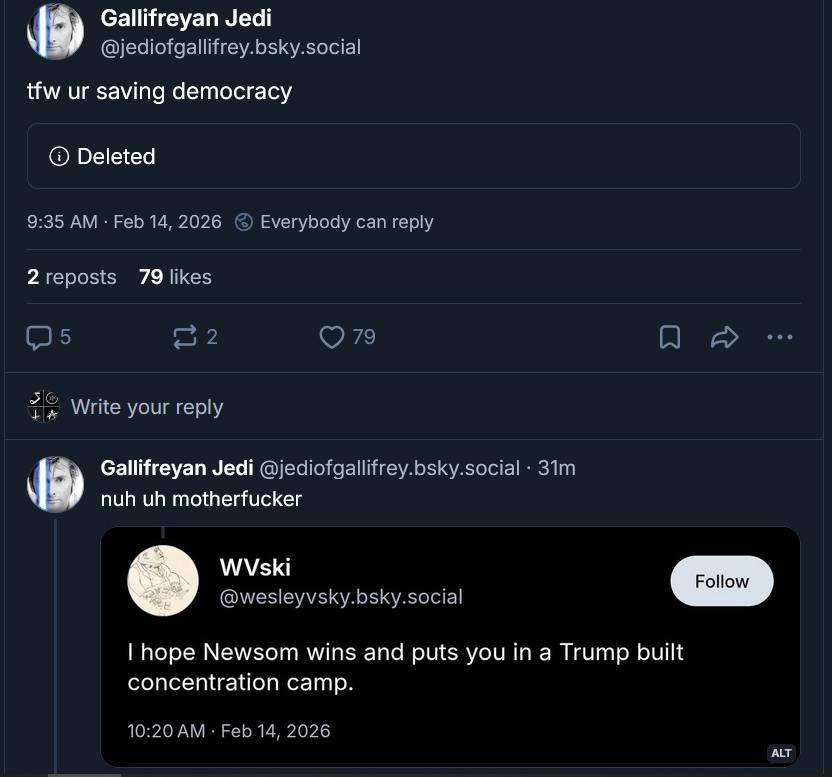 From an anti-fascist perspective, this political meme depicts a conflict between liberal democratic values and hardline populist or authoritarian ideologies. The first user claims "tfw ur saving democracy," only to de...