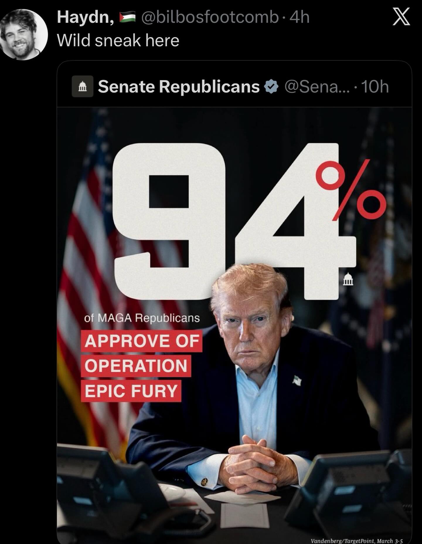The meme is a satirical image of former US President Donald Trump, with a large "94%" statistic overlaid on his face. The text "94% of MAGA Republicans" is shown, implying that a significant majority of Trump's suppor...