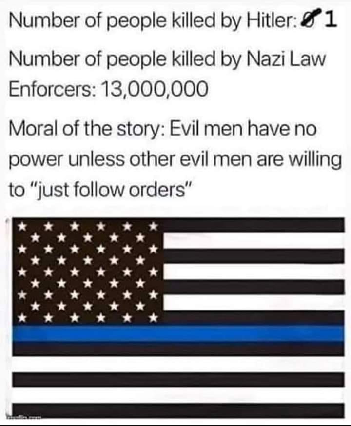 The meme is a satirical comparison between the number of people killed by two infamous leaders: Hitler and Hitler's Nazi law enforcers (the Nazis) versus the number of people killed by the Nazi law enforcers (the Nazi law enforcers' own enforcers) in a fictional scenario. The text above an image of the American flag with a blue line (symbolizing law enforcement) reads: "Number of people killed by Hitler: 1. Number of people killed by Nazi Law Enforcers: 13,000,000. Moral of the story: Evil men have no power unless other evil men are willing to 'just follow orders.'" The image below the text is a modified American flag with a blue line in the middle, representing law enforcement.