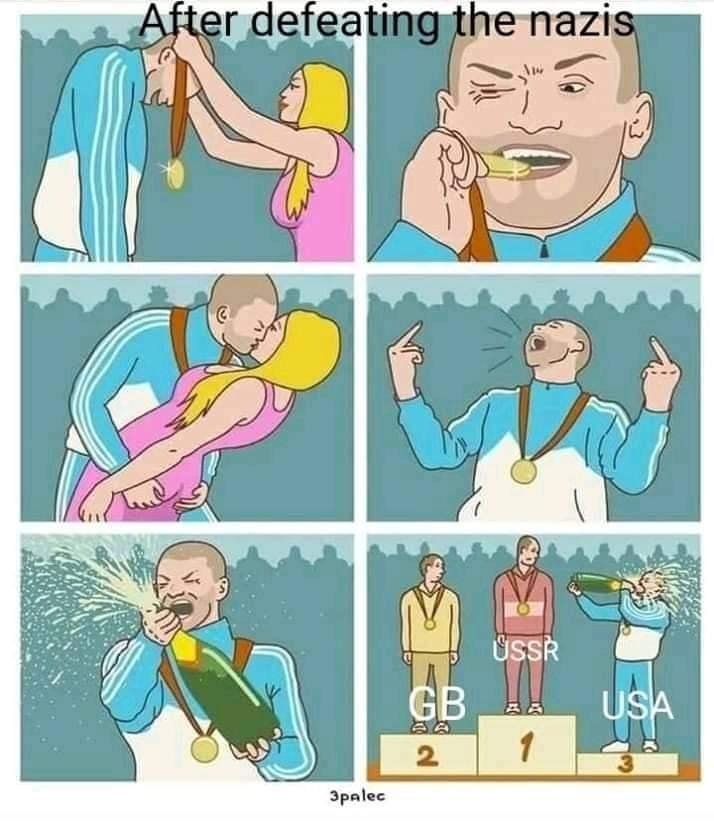 The meme is a cartoon-style image of a man winning a gold medal, but instead of being awarded for a sports achievement, he is being awarded for defeating the Nazis, a historical event. The text at the top of the image reads "After defeating the Nazis." The image is humorous because it implies that the man's achievement is so great that it's worthy of a gold medal, but it’s actually just a historical event.