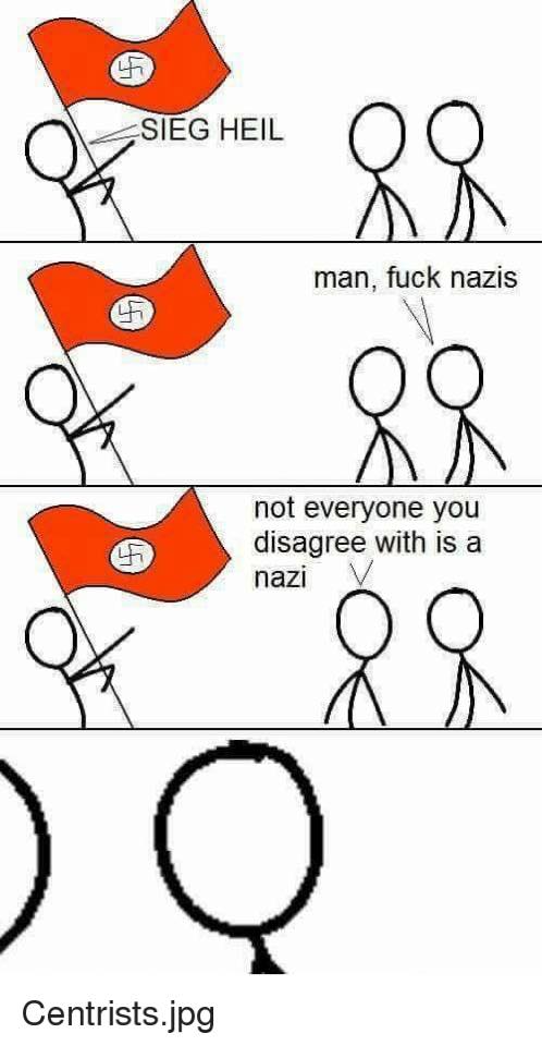 The meme is a series of stick figures with a flag bearing the symbol of the Nazi Party. The first figure waves the flag and says "SIEG HEIL", a Nazi salute. The second figure, when asked to say something about Nazis, responds with "man, f**k Nazis". The third figure says "not everyone you disagree with is a Nazi", but the second figure responds with "f**k Nazis", showing that not everyone you disagree with is a Nazi.