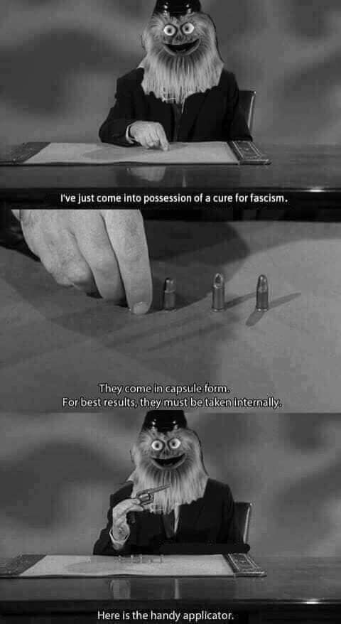 The meme features a still image from a 1950s-era TV show, "The 1950s-Style Doctor” featuring a character with a long, white beard and a black hat. The character is sitting at a desk with a sign that reads "Cure for Fascism" and a sign that says "I’ve just come into possession of a cure for fascism." The character is holding a small, cylindrical object and says "I’ve just come into possession of a cure for fascism. For best results, they must be taken internally." The image is a parody of a 1950s-style doctor’s office, with the character using a “cure for fascism” in a way that is meant to be humorous.