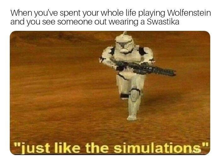 The meme is a humorous take on the idea that someone has spent their entire life playing the video game "Wolfenstein" and has finally seen someone wearing a Swastika (a symbol of the Nazi party) in the game. The image is of a Stormtrooper character from the Star Wars franchise, but with a caption that says "Just like the simulations" in a sarcastic tone, implying that this is a typical scenario in the game. The meme is meant to be humorous and ironic, poking fun at the idea that someone would finally see something that they've been trained to expect in a game.