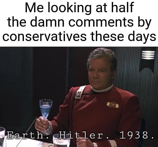 The meme is a photo of a character from the Star Trek franchise, Captain Jean-Luc Picard, sitting at a table with a glass of wine. The text above the image reads "Me looking at the comments section of a YouTube video" and the text below the image reads "Me looking at the comments section of a YouTube video: Earth. Hitler. 1938." The image is a humorous commentary on how people can quickly go from having a civilized conversation to being completely out of control and using all sorts of inflammatory language.