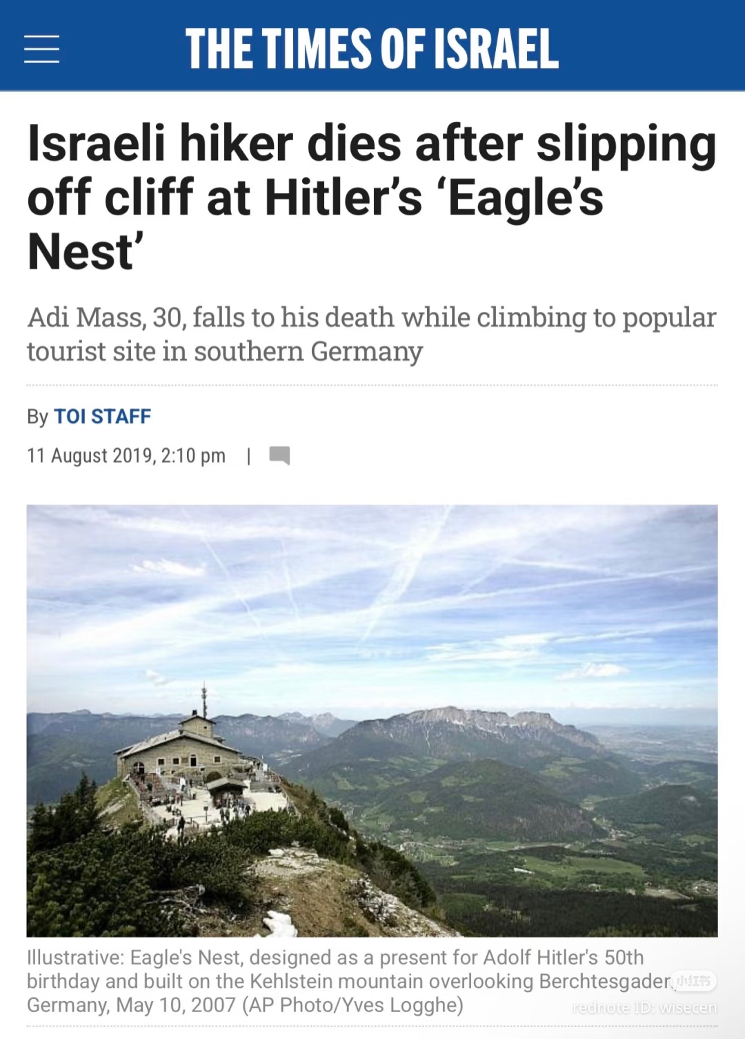 The meme is a screenshot of a news article from The Times of Israel, with the headline "Israeli hiker dies after slipping off cliff at Hitler's 'Eagle's Nest'". The article reports on the death of an Israeli hiker who...
