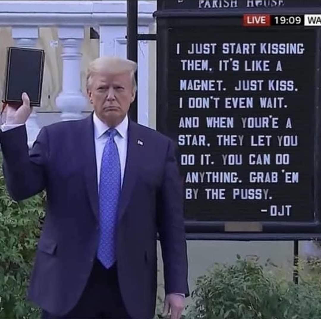 The meme features a photo of former US President Donald Trump standing in front of a sign displaying a quote from the British rock band OJTS. The quote is a parody of the song "Kiss Them for Me" by the band, with the original lyrics modified to include explicit language and a humorous tone. The image is likely intended to be humorous or ironic, given the contrast between the serious figure of Trump and the provocative nature of the quote.