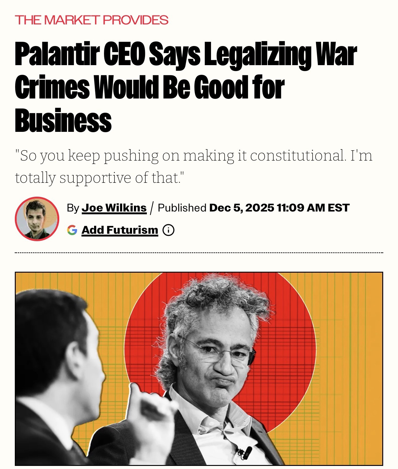 This satirical image portrays Alex Karp, the CEO of Palantir, appearing smugly behind a graphic background as if explaining a concept to an interviewer. The text quotes him jokingly claiming that forcing businesses to...