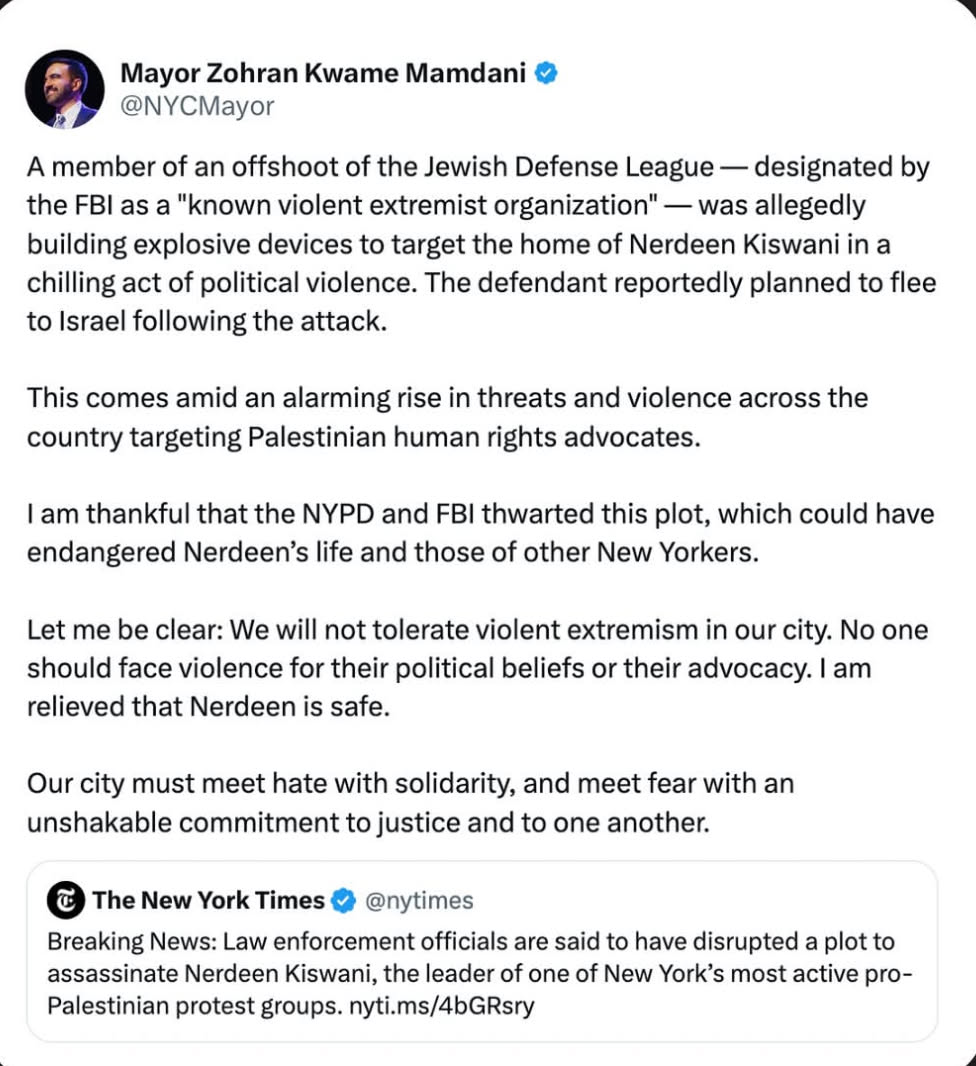The meme is a tweet from New York City's mayor, responding to the offshoot of the Jewish Defense League (JDL) who is known to be an extremist group. The JDL member was trying to kill an Israeli- American woman, who wa...