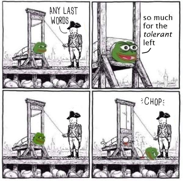 The meme features a comic strip with a guillotine, where a character is about to be executed. The text "ANY LAST WORDS" is written above the character, who responds with "so much for the tolerant left" and "CHOP." The...