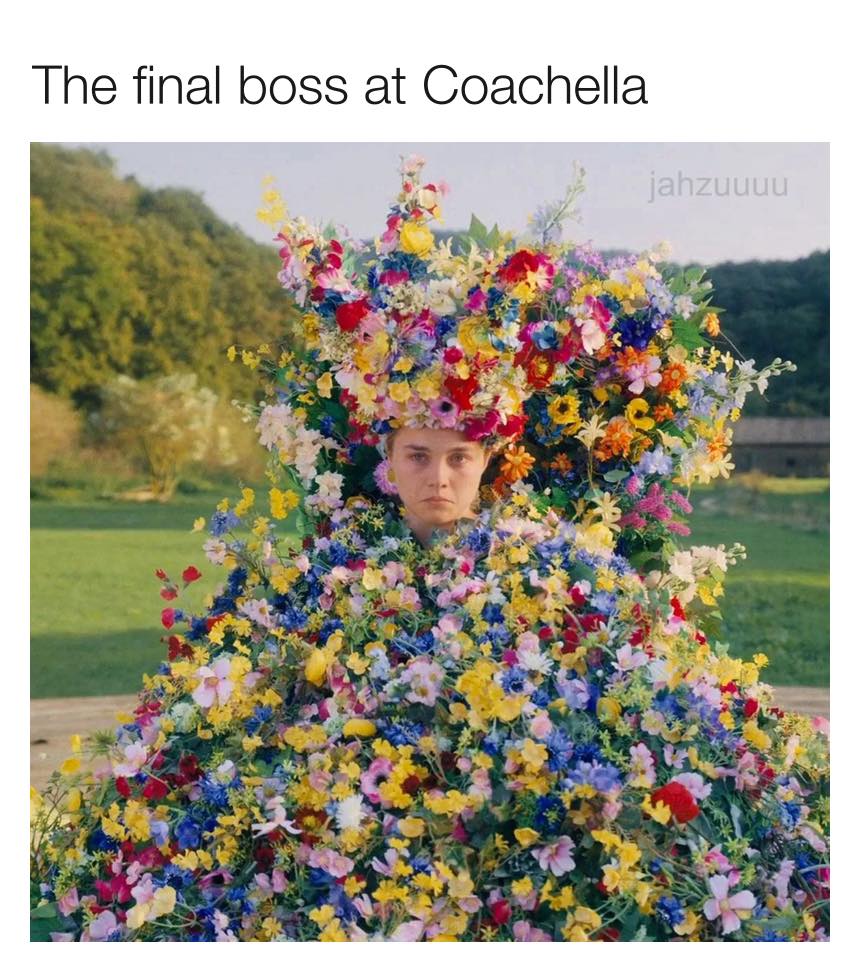 This meme is an image of a person covered in flowers, with a caption that reads "The final boss at Coachella". The image is likely a humorous take on the idea of a person being completely covered in flowers, implying that they are the "final boss" at the music festival, which is known for its large and diverse crowd.
