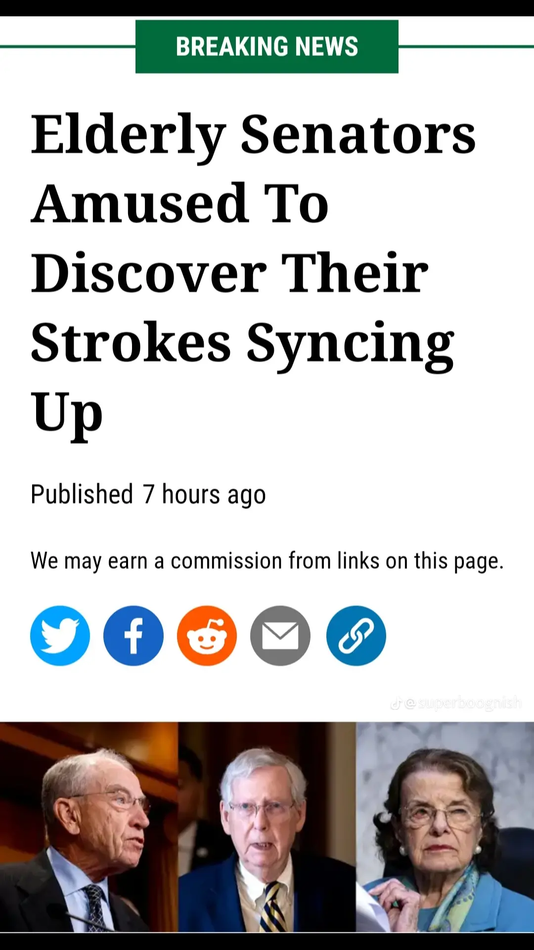 The meme features a headline that reads "Elderly Senators Amused To Discover Their Strokes Syncing Up," suggesting that the elderly senators have discovered that their strokes are occurring at the same time, which is a rare and unusual phenomenon.  The image below the headline shows three elderly senators, implying that they are the ones who have discovered this synchronization.  The meme is likely meant to be humorous, as it is unusual and unlikely for people's strokes to sync up, and the idea of it happening is probably meant to be amusing or ironic.