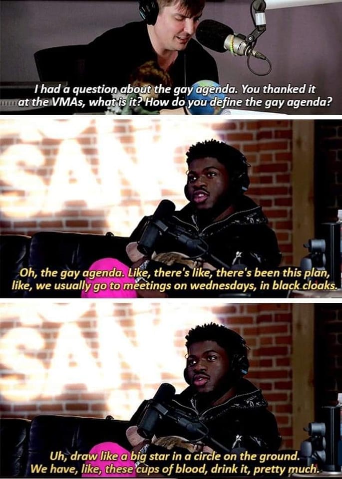 The meme is a humorous exchange between two individuals, with one asking about the gay agenda and the other responding with a non-sequitur about drawing a star in a circle on the ground. The text in the image reads: "Oh, the gay agenda. Like, there's like, there's been this plan, like, we usually go to meetings on Wednesdays in black cloaks."