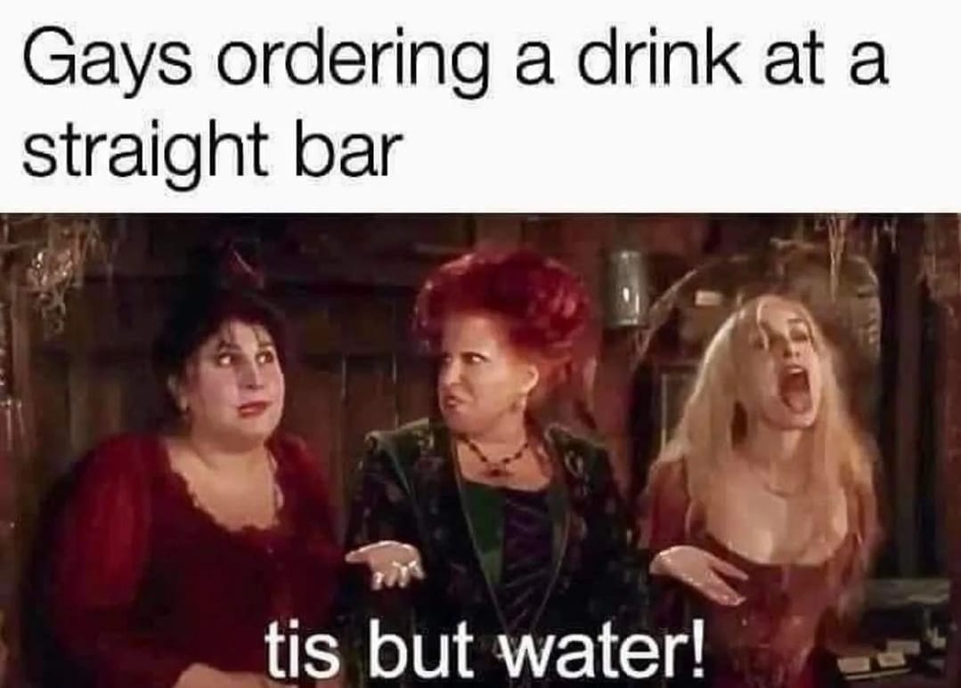 The meme features a still from the 1993 film "Hocus Pocus" with three witches. The image is captioned with the text "Gays ordering a drink at a straight bar" and the quote "tis but water!" from the movie. The meme humorously implies that when gay people order drinks at straight bars, they are often met with skepticism or surprise, as if their drink choice is unusual or exotic. The quote is used to poke fun at this stereotype, suggesting that the drink is simply water, but the reaction is still over-the-top.