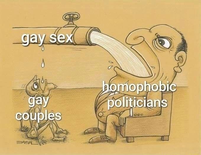 The meme is a drawing of a man crying, with a pipe labeled "gay sex" pouring water into a bucket labeled "gay couples" and another bucket labeled "homophobic politicians". The image is meant to be humorous, implying that the emotional distress of gay couples is being "washed away" by the "gay sex" of the "homophobic politicians".