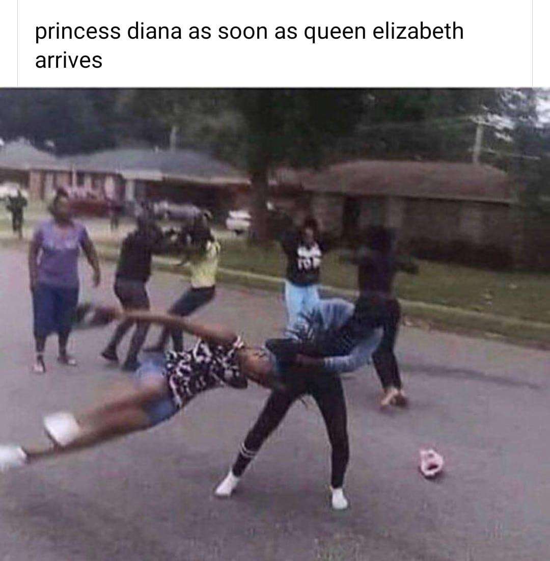 This meme is a humorous image that depicts a chaotic and exaggerated scene of people running and falling on the street. The image shows a group of people, including a woman in a princess-like outfit, running and falling in a comical manner, with one person in particular, a woman in a princess-like outfit, getting knocked down by another person. The text at the top of the image reads "princess Diana as soon as queen Elizabeth arrives".