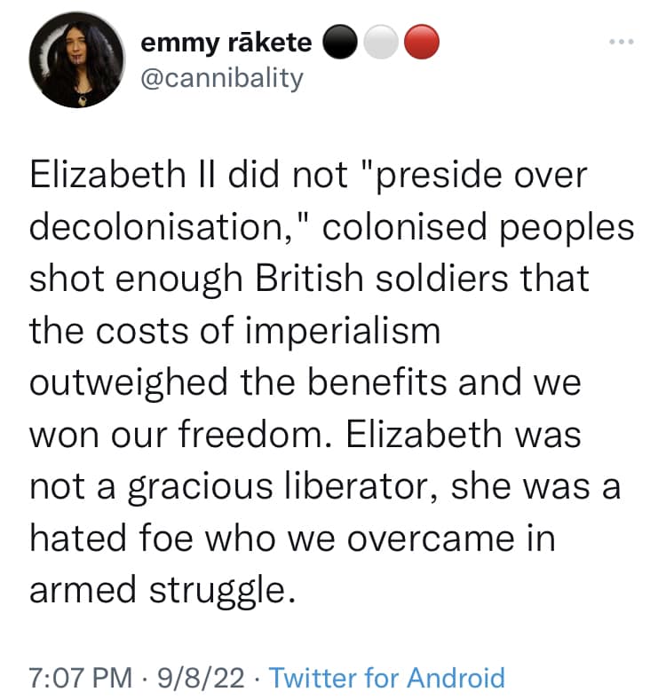 The meme is a humorous commentary on the British monarchy's historical legacy. The text reads: "Elizabeth II did not 'preside over decolonisation, 'colonised peoples shot enough British soldiers that the costs of imperialism out­­­­­­­­­­­­­­­­­­­­­­­­­­­­­­­