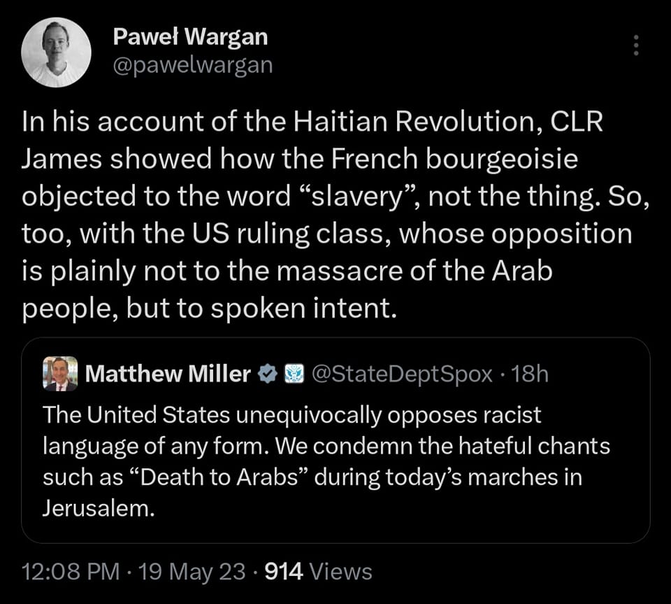 The meme is a Twitter post that critiques a tweet from Matthew Miller, a former US government official. The original tweet states that the US opposes racist language of any form, but Miller's tweet is followed by a statement from the US government that condones the use of "Death to Arabs" in a hateful chant during a march in Jerusalem. The post is critical of the US government's apparent double standard, as they claim to oppose all forms of racism but do not take action against the use of such language in a public setting. The post is critical of the US government's apparent double standard, as they claim to oppose all forms of racism but do not take action against the use of such language in a public setting.