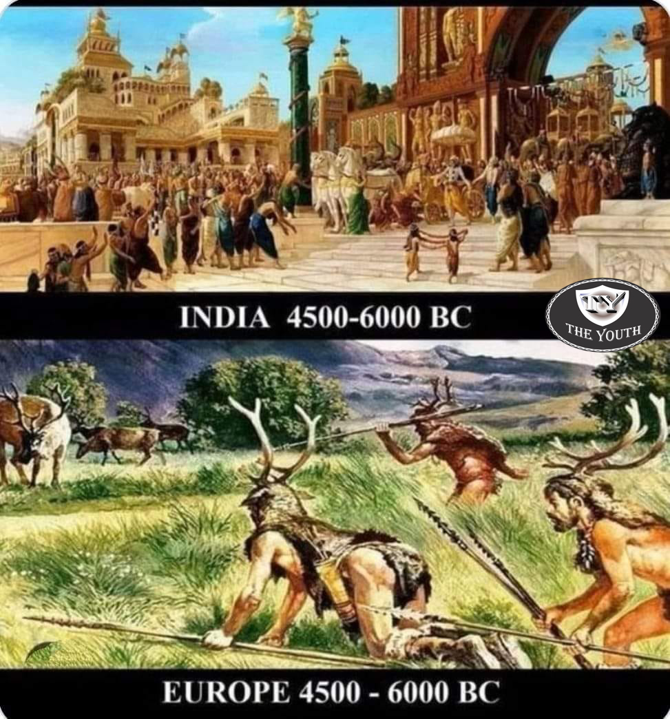 This meme is a humorous comparison between the ancient civilizations of India and Europe. The image shows two separate scenes: one of a bustling Indian city with people celebrating and another of a European village with people hunting and gathering. The text at the top reads "India 4500-6000 BC" and at the bottom "Europe 4500-6000 BC".