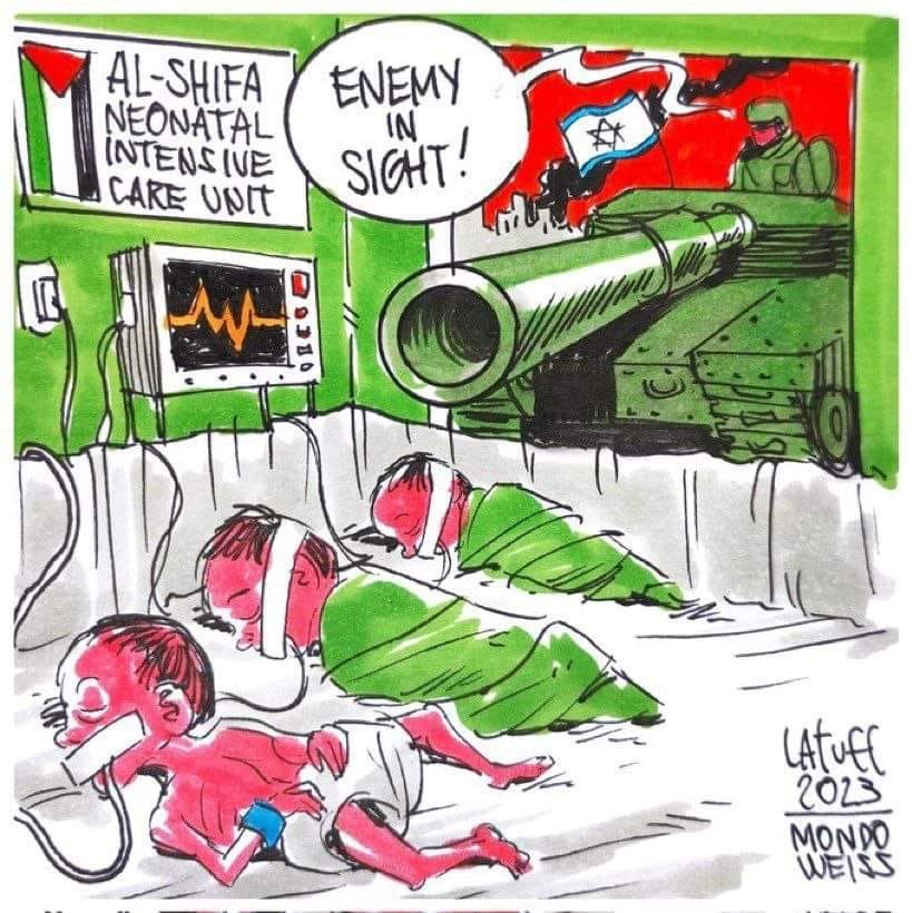 This meme is a satirical commentary on the Israeli-Palestinian conflict. It depicts a hospital in Gaza, where a tank is firing at a neonatal intensive care unit, with a sign reading "Al-Shifa Neonatal Intensive Care Unit" and a sign on the tank reading "Enemy in Sight!" The image is meant to be humorous and ironic, highlighting the absurdity of a war zone being located in a hospital.