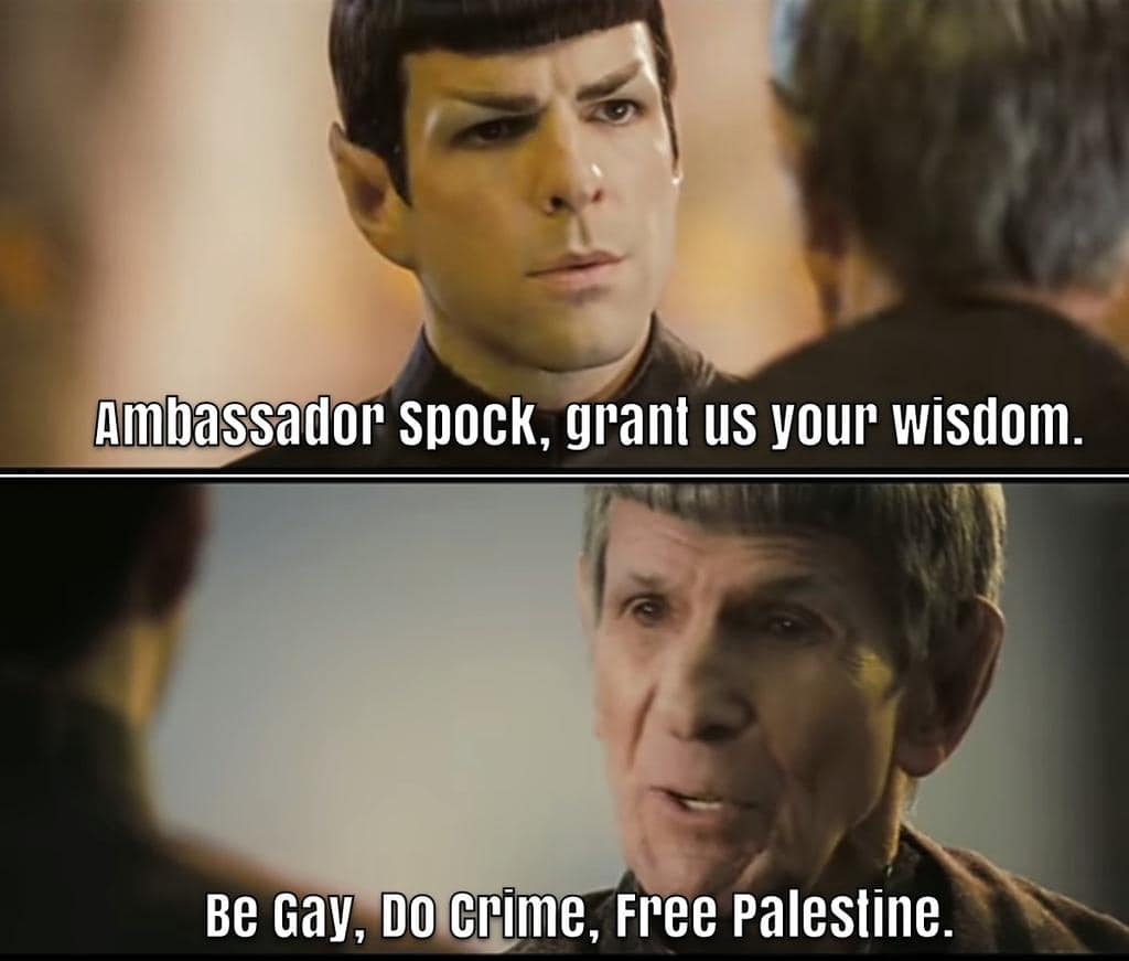 This meme is a play on a famous quote from the Star Trek franchise. The original quote, "Live long and prosper," is replaced with a humorous and irreverent message. The meme juxtaposes the serious, wise, and peaceful tone of the original quote with a provocative and inflammatory statement.