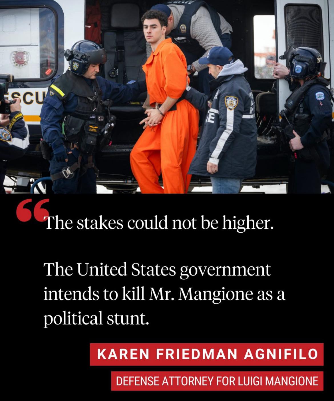 The meme features a photo of a person in an orange jumpsuit being escorted by police officers, with a quote from a lawyer named Karen Friedman Agnifilo. The quote is from a 2016 trial, where she was the defense attorney for a client who was accused of murdering a 23-year-old man.