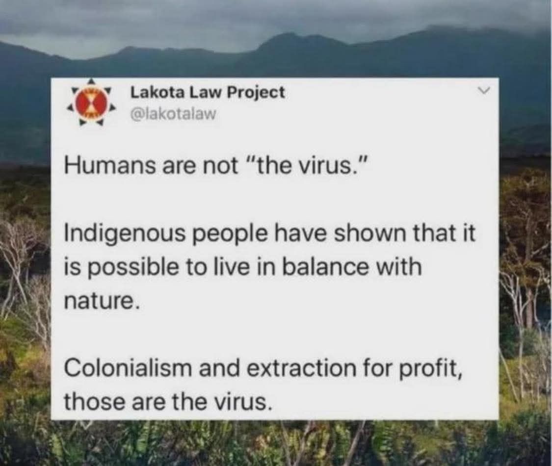 The meme is a humorous take on the idea that humans are not the "virus" that is causing problems in the world, but rather, it's the way we live and the things we do that are causing harm to the environment. The text reads: "Humans are not 'the virus.' Indigenous people have shown that it's possible to live in balance with nature. Colonialism and extraction for profit, those are the viruses."