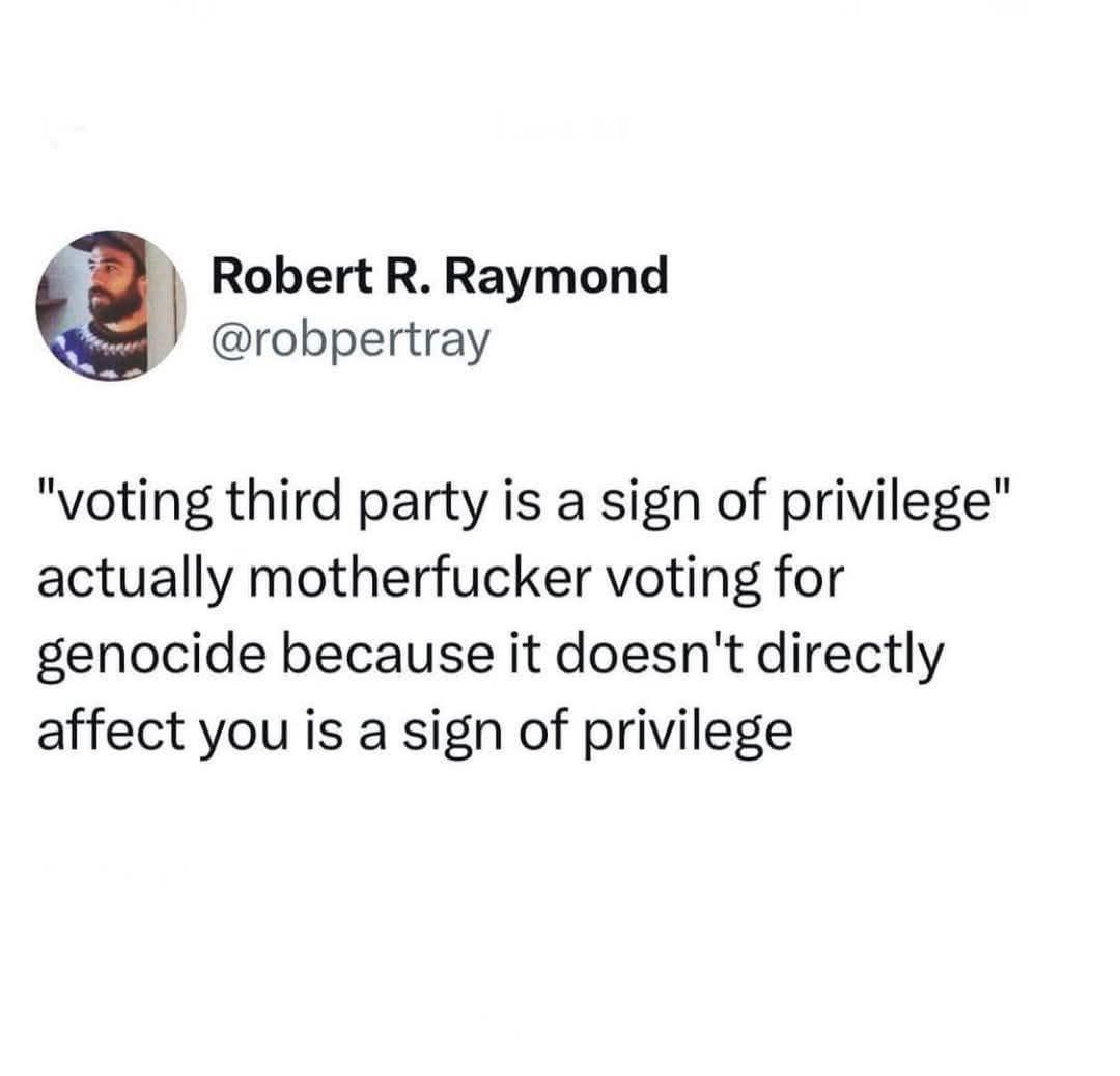 This meme is a satirical commentary on the idea that voting for a particular party or candidate is a sign of privilege. The text reads: "voting third party is a sign of privilege" actually means "voting for a third party is a sign of privilege" is a sarcastic remark that implies someone is being hypocritical or self-righteous.